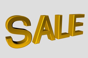 Lettering Sale, in big gold metal letters. 3d render illustration of shopping concept. Isolate on white background.