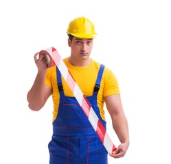 Funny worker wearing coveralls with tape