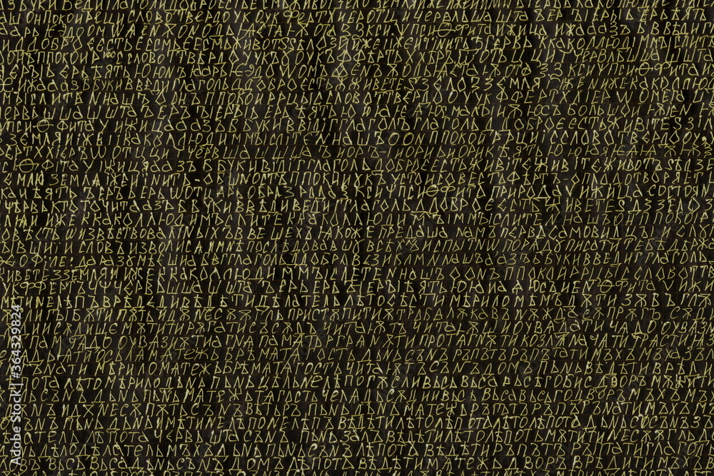 Poster grunge texture of handwritten text in old slavonic on a black background. unreadable handwritten tex