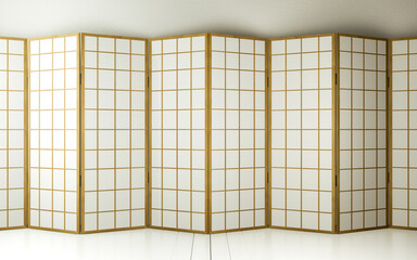 Japanese partition paper wooden design on living room tatami floor.3D rendering
