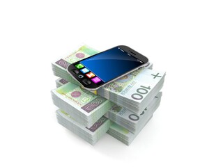 Smartphone on stack of money