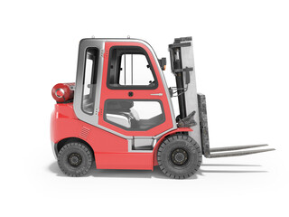 3d rendering red side view gas forklift for warehouse side view on white background with shadow