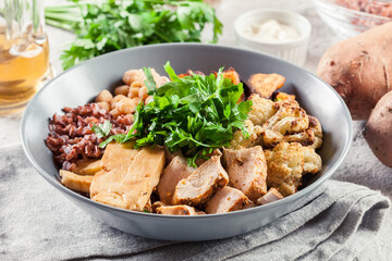 Buddha bowl lunch with chicken and other