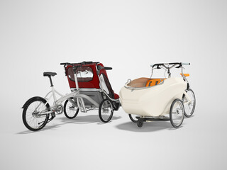 Fototapeta na wymiar 3d rendering set of white adult bicycle with stroller for children with an open top and closed top on gray background with shadow