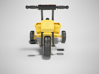 3D rendering yellow tricycle for child with trunk front view on gray background with shadow
