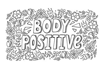 Body Positive word with floral pattern in doodle sketch style vector illustration