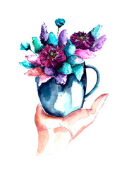 watercolor illustration. a bouquet of flowers in a small Cup in the palm of your hand. isolated on a white background.