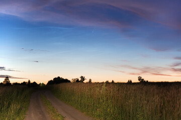 Little Comet C / 2020 F3 (NEOWISE) in the bright sky. Country road. Selective focus on the clouds.