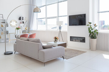 Cozy luxury modern interior design of a studio apartment in extra white colors with fashionable...