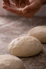 Fototapeta na wymiar woman hands sprinkling pizza flour close-up
