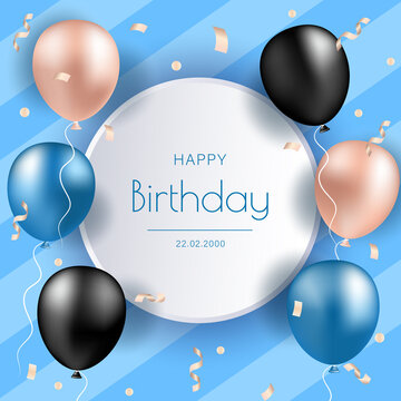 Birthday banner with realistic balloons. Celebration birthday party invitation background with greetings and colorful balloons and birthday elements.