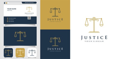 Line art justice logo and business card design template Premium Vector