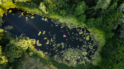 Girl in a swamp on an inflatable bright circle. Around visible tina and green trees. Little man on a big background. Social issue. Eco system. Allegory: A person has a large number of problems