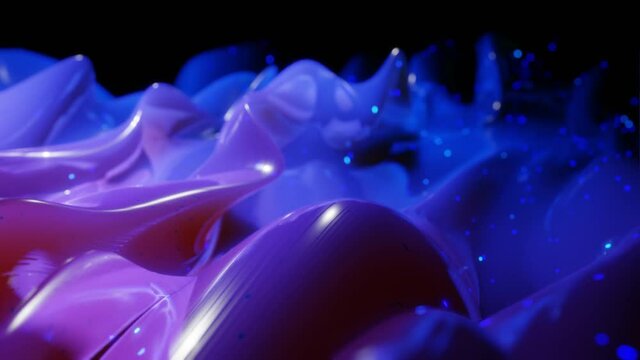 Abstract 3D surface with beautiful waves, luminous sparkles and bright color gradient blue purple. Waves run on very shiny, glossy surface with glow glitter. 4k looped animation