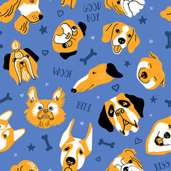 Obraz premium Seamless pattern with dog faces. Funny spaniel, husky, beagle bulldog, mastiff, shiba inu, pug, greyhound