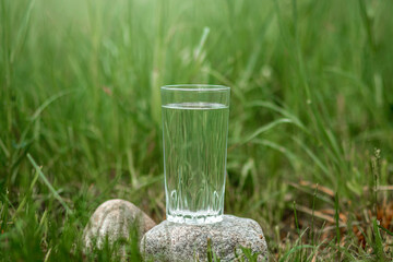 Glass of clear water on a green background. The concept of natural products, no preservatives. Copy space.