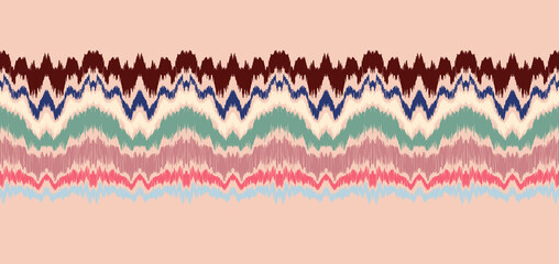 Ikat border. Geometric folk ornament. Ink on clothes. Tribal vector texture. Seamless striped pattern in Aztec style. Ethnic embroidery. Indian, Scandinavian, Gypsy, Mexican, African rug.