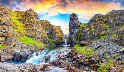 Spectacular view of  Kolugljufur canyon and Kolufossar falls.