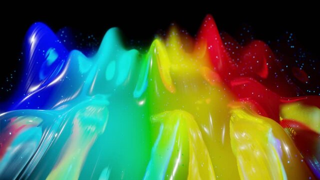 Abstract 3D surface with beautiful waves, luminous sparkles and bright color gradient, colors of rainbow. Waves run on very shiny, glossy surface with glow glitter. 4k looped animation