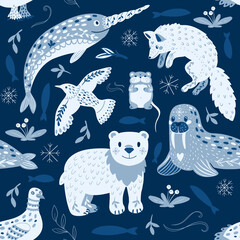 Cartoon vector seamless pattern of Arctic animals