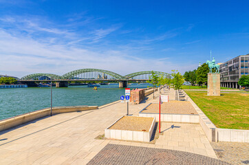 Cologne cityscape with embankment promenade of Rhine river in Deutz city district