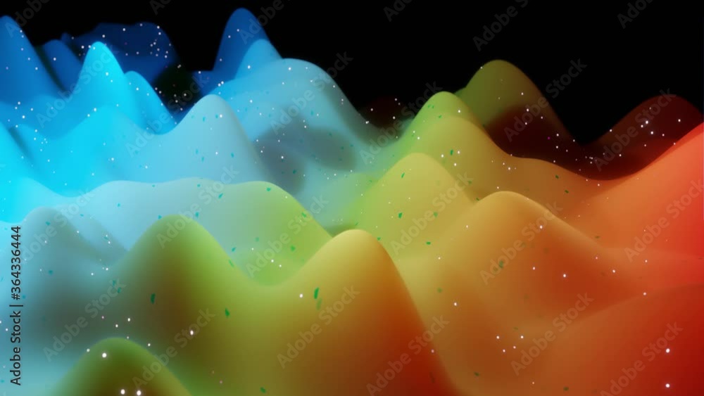 Poster abstract 3d surface with beautiful waves, luminous sparkles and bright color gradient, colors of rai