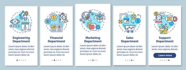 Company departments onboarding mobile app page screen with concepts. Market analytics. Product development walkthrough 5 steps graphic instructions. UI vector template with RGB color illustrations