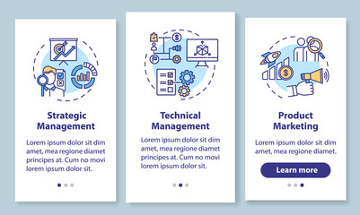 Management types onboarding mobile app page screen with concepts. Marketing research. Business strategies walkthrough 3 steps graphic instructions. UI vector template with RGB color illustrations