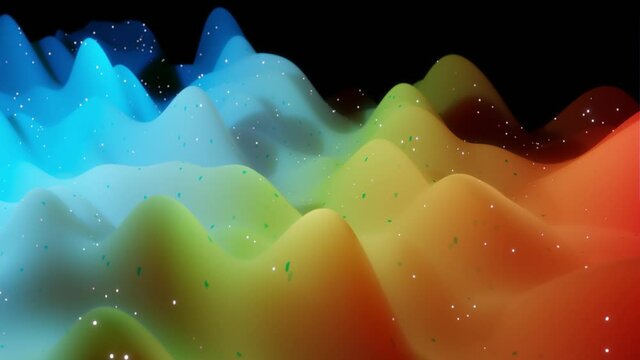 Abstract 3D surface with beautiful waves, luminous sparkles and bright color gradient, colors of rainbow. Waves run on matte surface with glow glitter. 4k looped animation