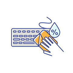 Fototapeta premium Keyboard cleaning RGB color icon. Wet cleaning, workplace disinfection. Surface cleaning. Computer keyboard and antibacterial wipes isolated vector illustration