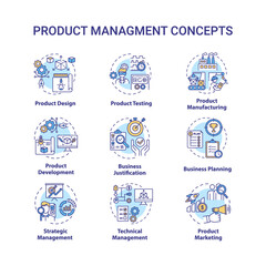 Product management concept icons set. Marketing strategy. Sales plan. Business development idea thin line RGB color illustrations. Vector isolated outline drawings. Editable stroke