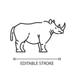 Rhinoceros pixel perfect linear icon. Exotic horned animal, african fauna. Zoology, safari thin line customizable illustration. Contour symbol. Rhino vector isolated outline drawing. Editable stroke