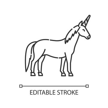 Unicorn pixel perfect linear icon. Mythical creature, fairy tale mascot. Thin line customizable illustration. Contour symbol. Magical horse with horn vector isolated outline drawing. Editable stroke