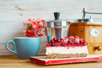 cheesecake, vanilla cream cake with berry jelly crust and aromatic coffee. breakfast sweets	