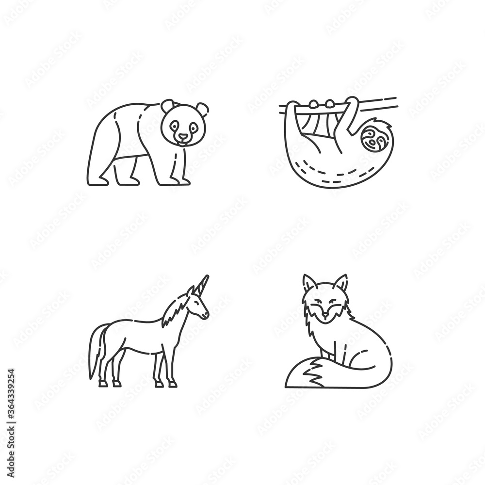 Poster common and fantasy animals pixel perfect linear icons set. panda bear, sloth, fox and magic unicorn 