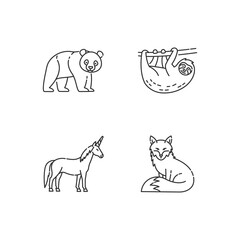 Common and fantasy animals pixel perfect linear icons set. Panda bear, sloth, fox and magic unicorn customizable thin line contour symbols. Isolated vector outline illustrations. Editable stroke
