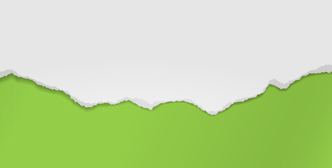 Piece of torn white paper with soft shadow stuck on green background. Vector illustration