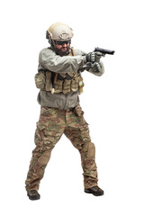 soldier in military equipment with a gun on a white background, a commando in uniform with a gun to aim and attack