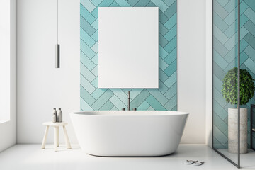 Minimalistic turquoise bathroom interior with blank billboard on wall.