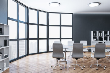 Luxury meeting room interior with panoramic city view