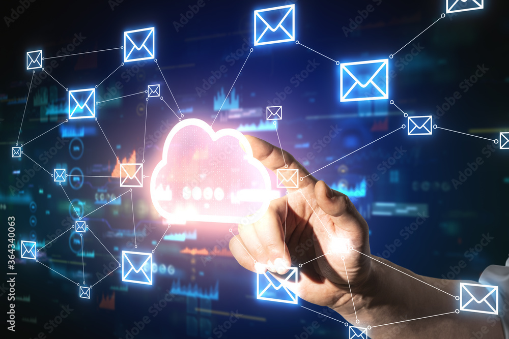 Poster hand pointing at glowing cloud email map hologram