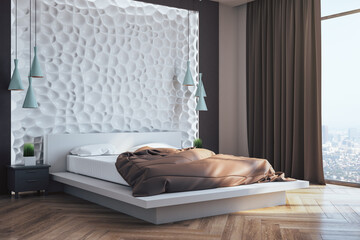 Front view of minimalistic bedroom interior with blank abstract wall,