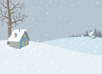 Fototapeta na wymiar Vector winter landscape with snowy hills, tree, houses and snowfall