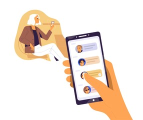 Human hand hold smartphone with contacts or requests on screen vector flat illustration. Woman surfing internet use mobile isolated on white. Forwards messages, sharing news or refer friends online
