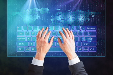 Businessman hands typing on virtual keyboard