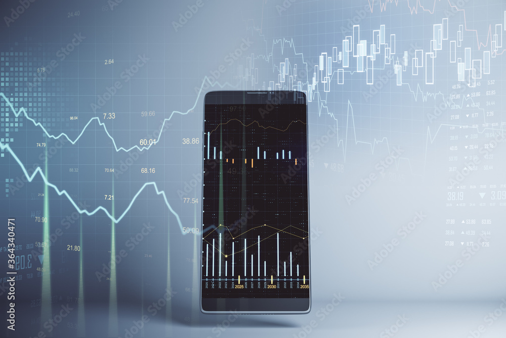 Poster side view of cellphone with creative stock chart and financial hologram.