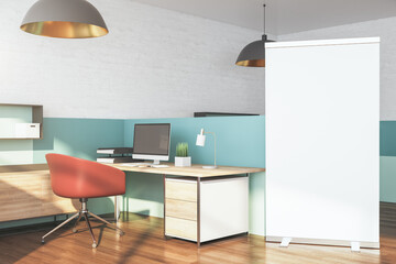 Modern manager office with  blank vertical banner.