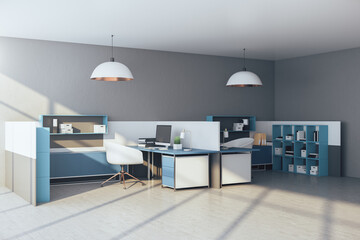 Minimalistic office interior with computers and shelf with documents.