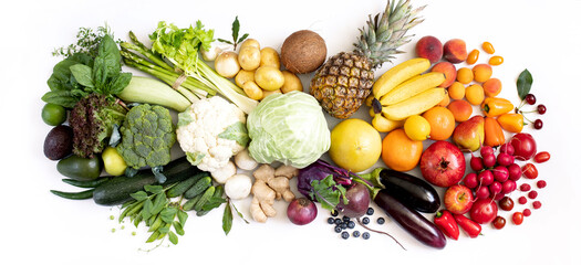 Farm organic vegetables and fruits on a white background.