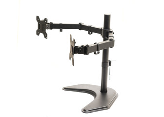 Side view modern dual monitor desk mount stand isolated on white background